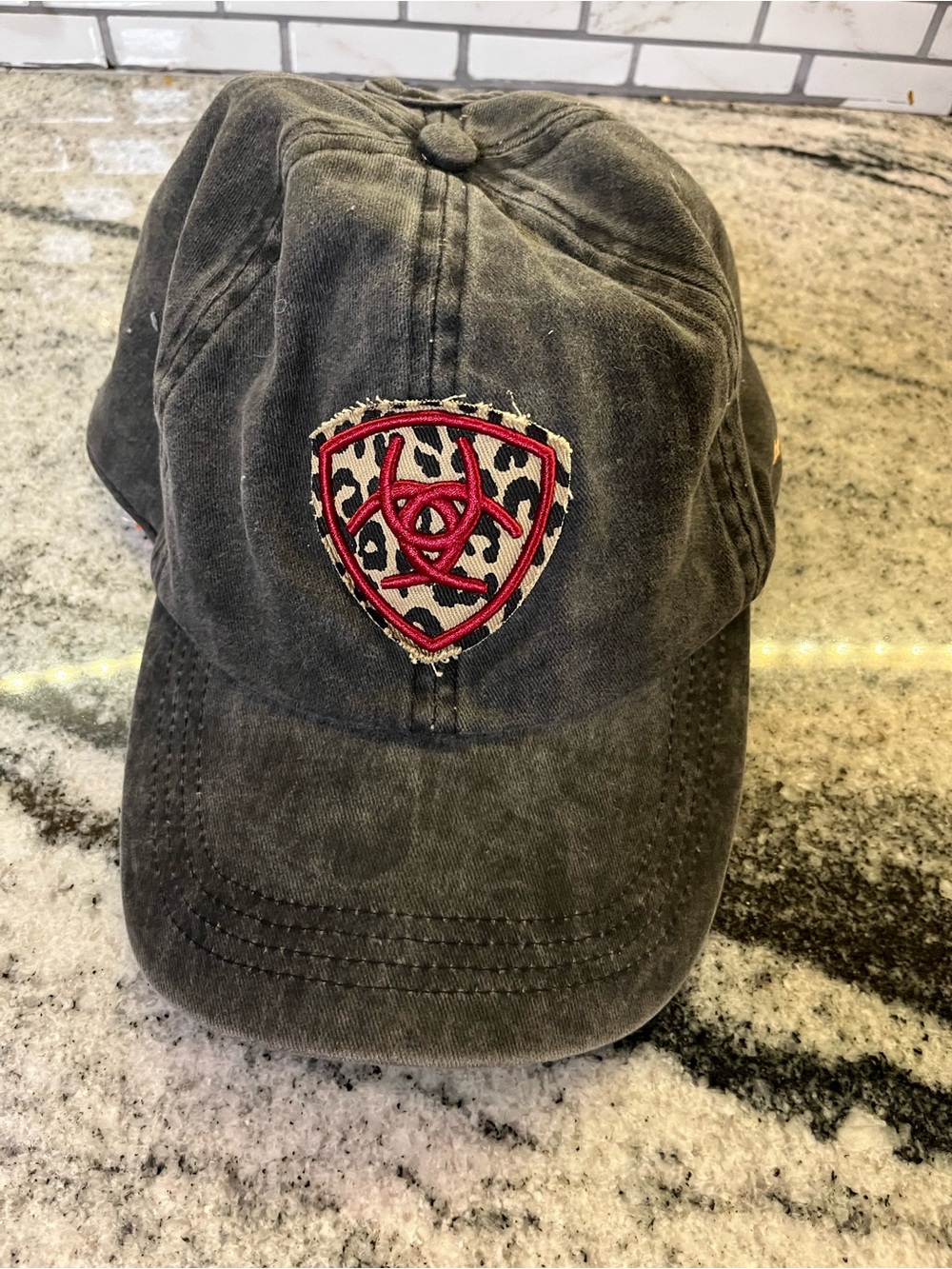 Women Ariat Washed Gray Baseball Cap with Pink Leopard Shield Patch